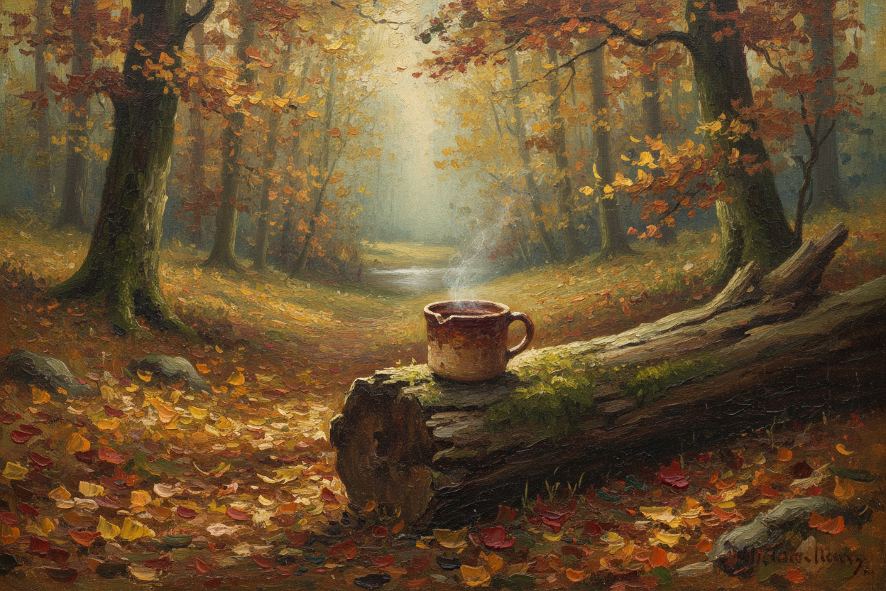 Can you make a vintage oil painting of a cup of coffee on a log in the crisp autumn woods 